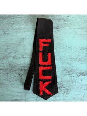Vintage Black Cotton Tie With Bold Red Appliqué Lettering By Monster 3 Inches Wi